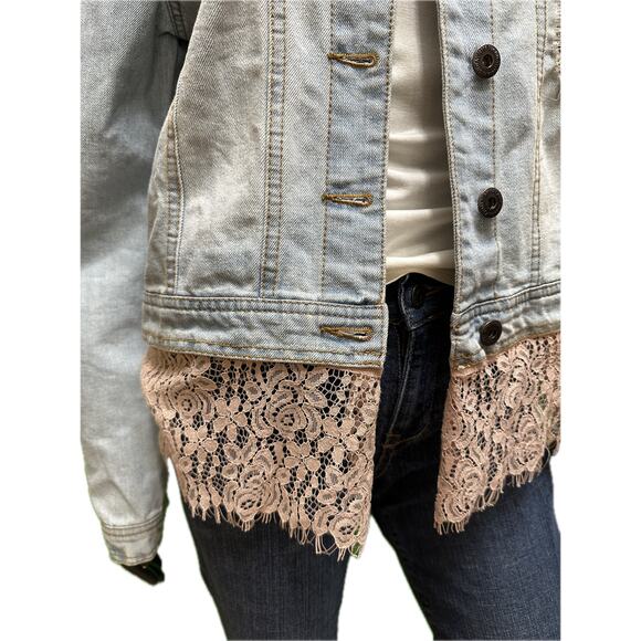 Custom Upcycled Denim Jacket Pink Lace Hem & Back Panel Large - Picture 6 of 9